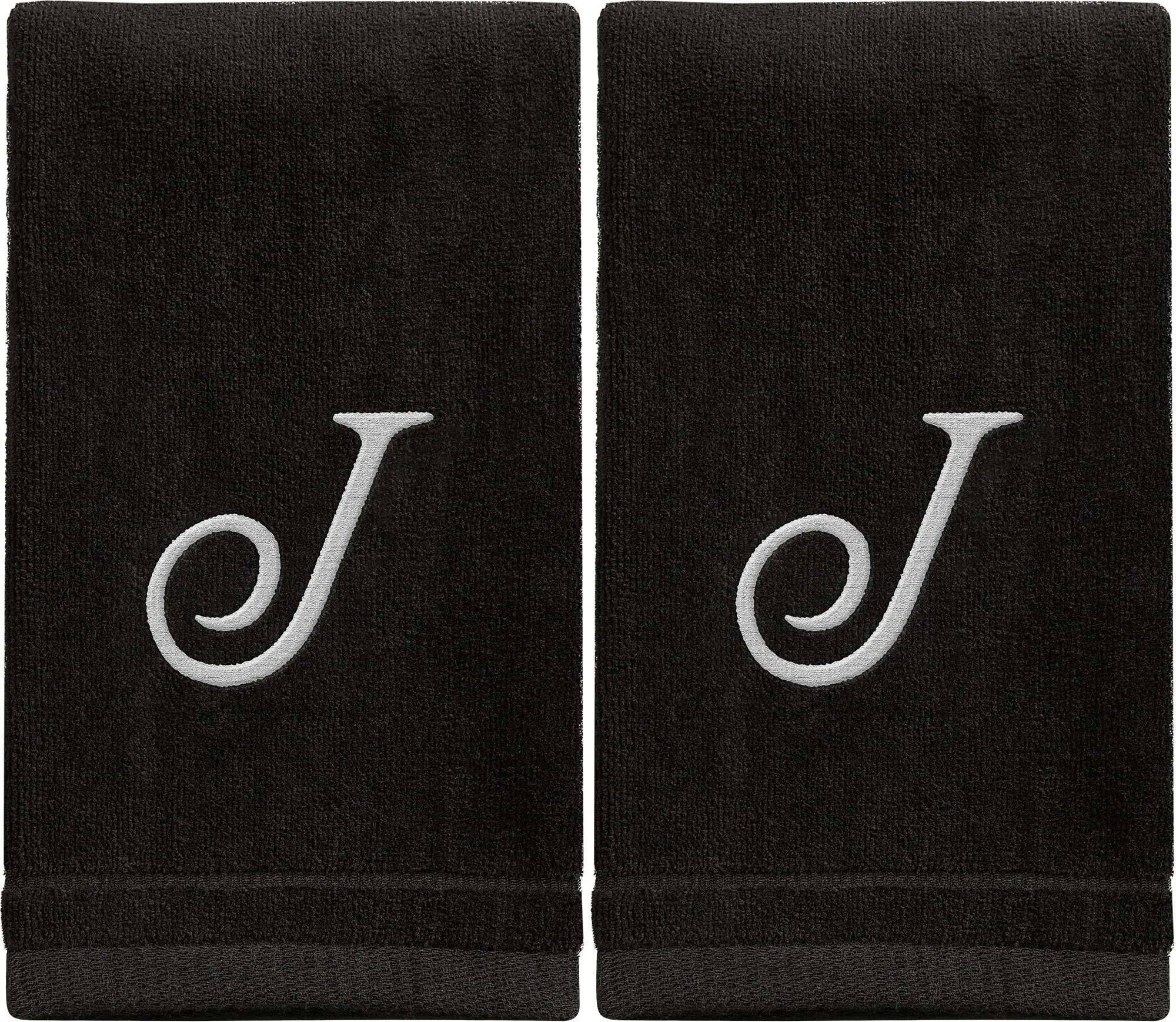 Set of 2 Black Monogrammed Towel - White Embroidered - Initial J