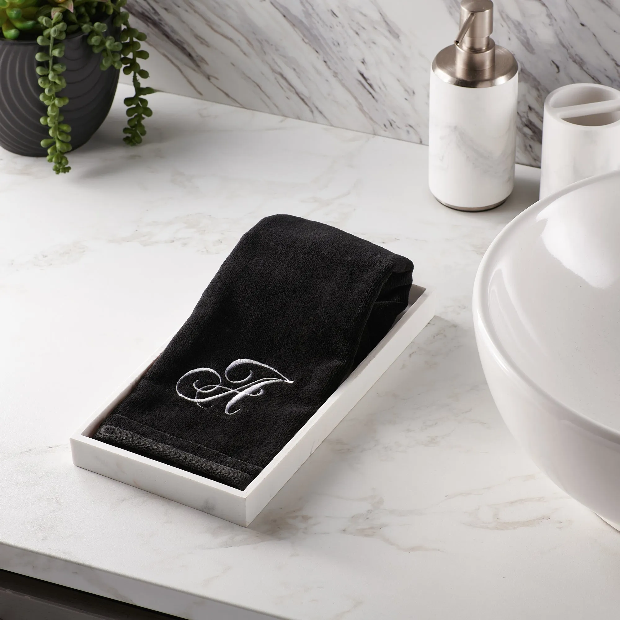 Set of 2 Black Monogrammed Towel - White Embroidered - Initial J