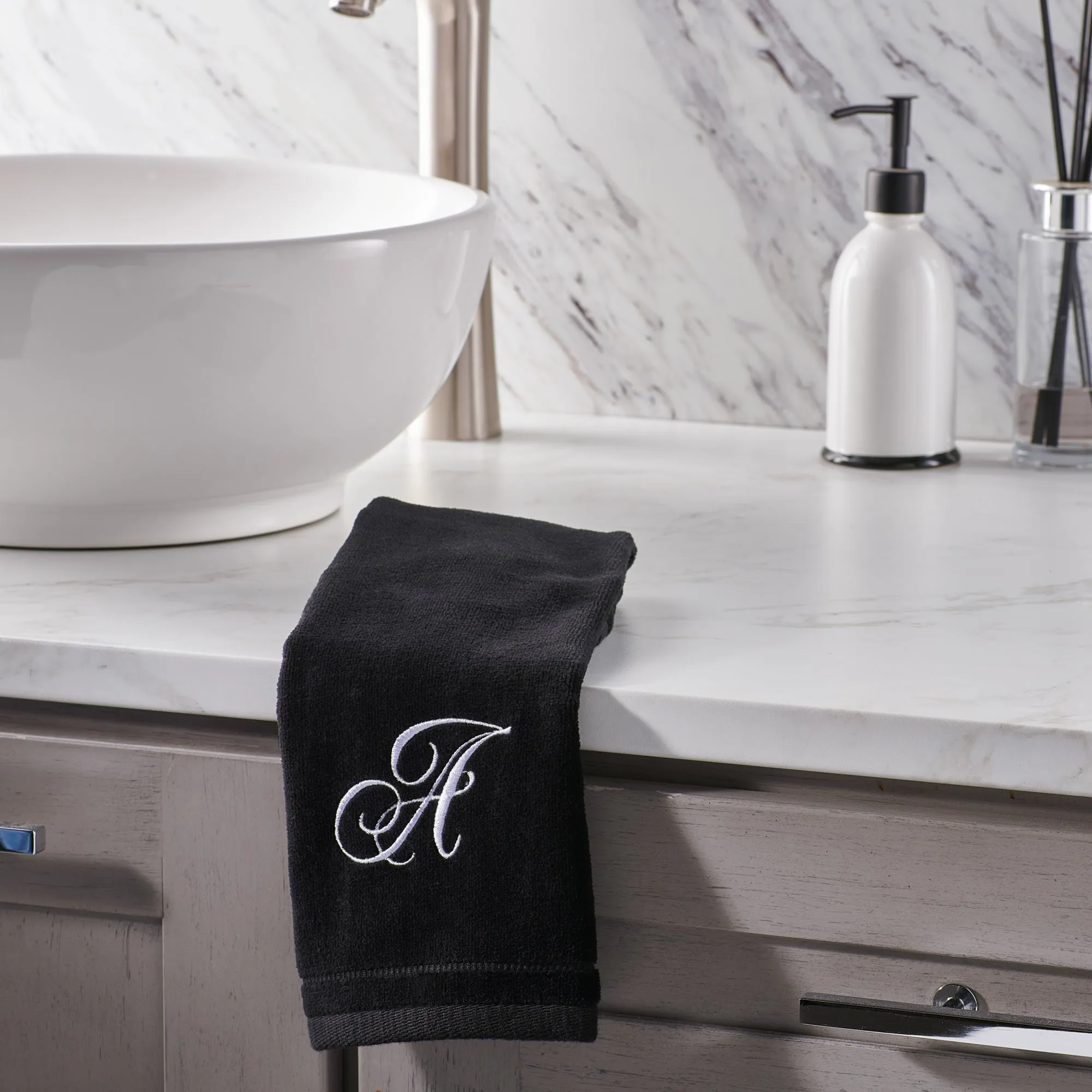 Set of 2 Black Monogrammed Towel - White Embroidered - Initial J