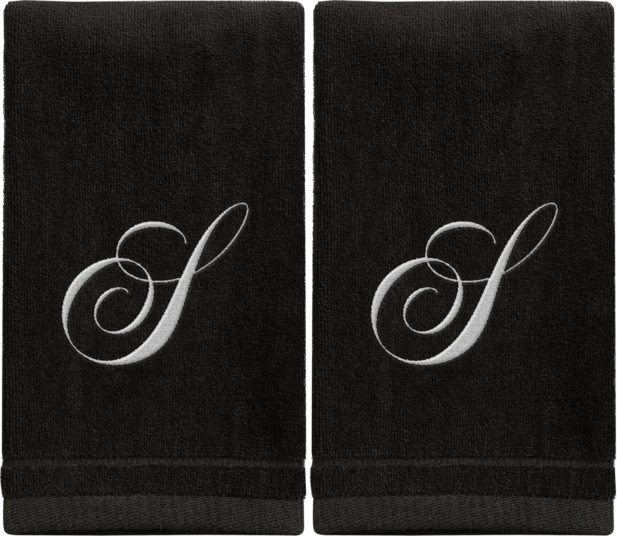 Set of 2 Black Monogrammed Towel - White Embroidered - Initial S (Wholesale)
