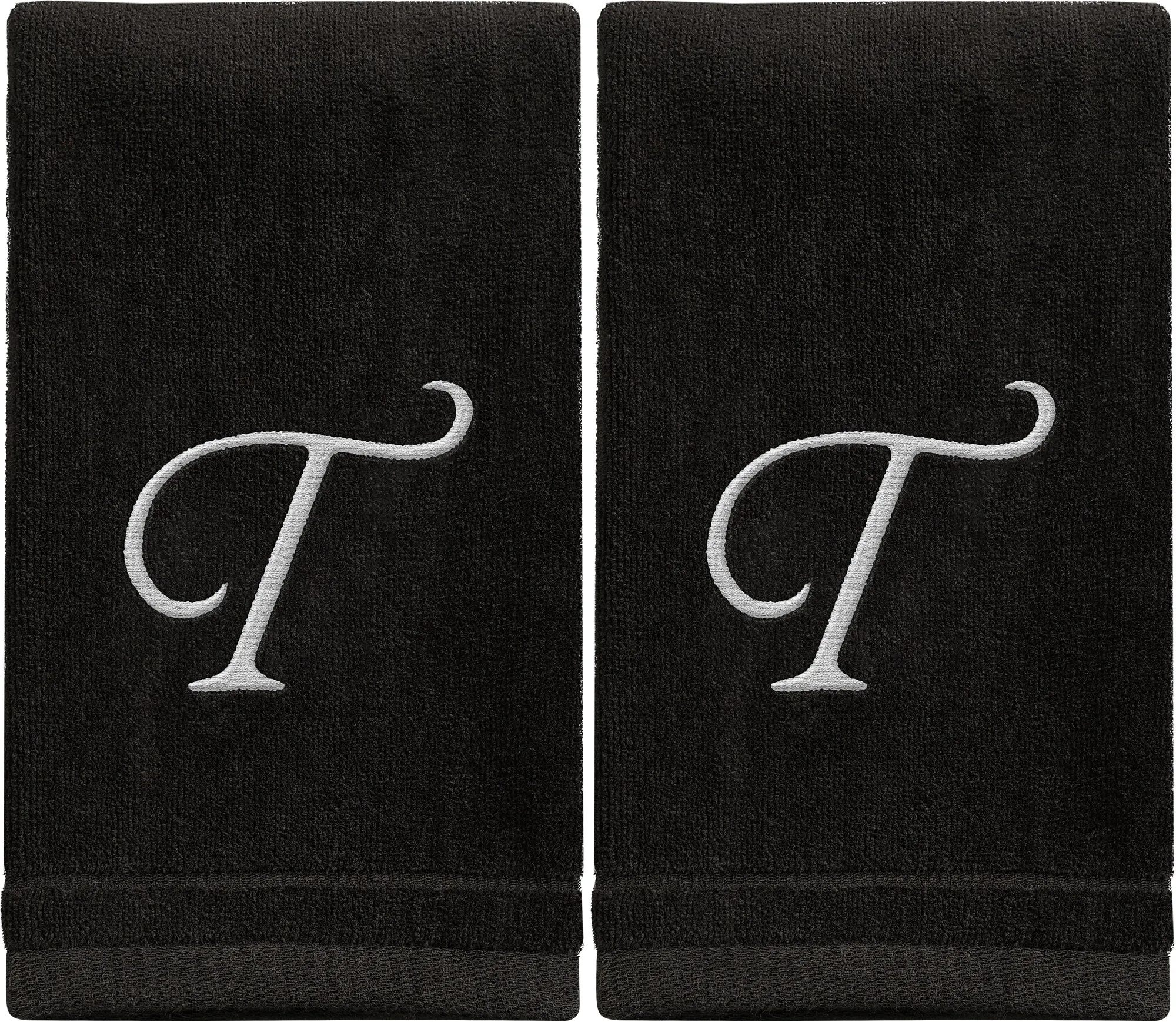 Set of 2 Black Monogrammed Towel - White Embroidered - Initial T (Wholesale)