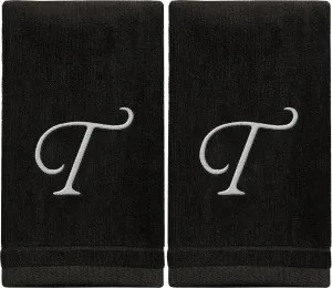 Set of 2 Black Monogrammed Towel - White Embroidered - Initial T (Wholesale)