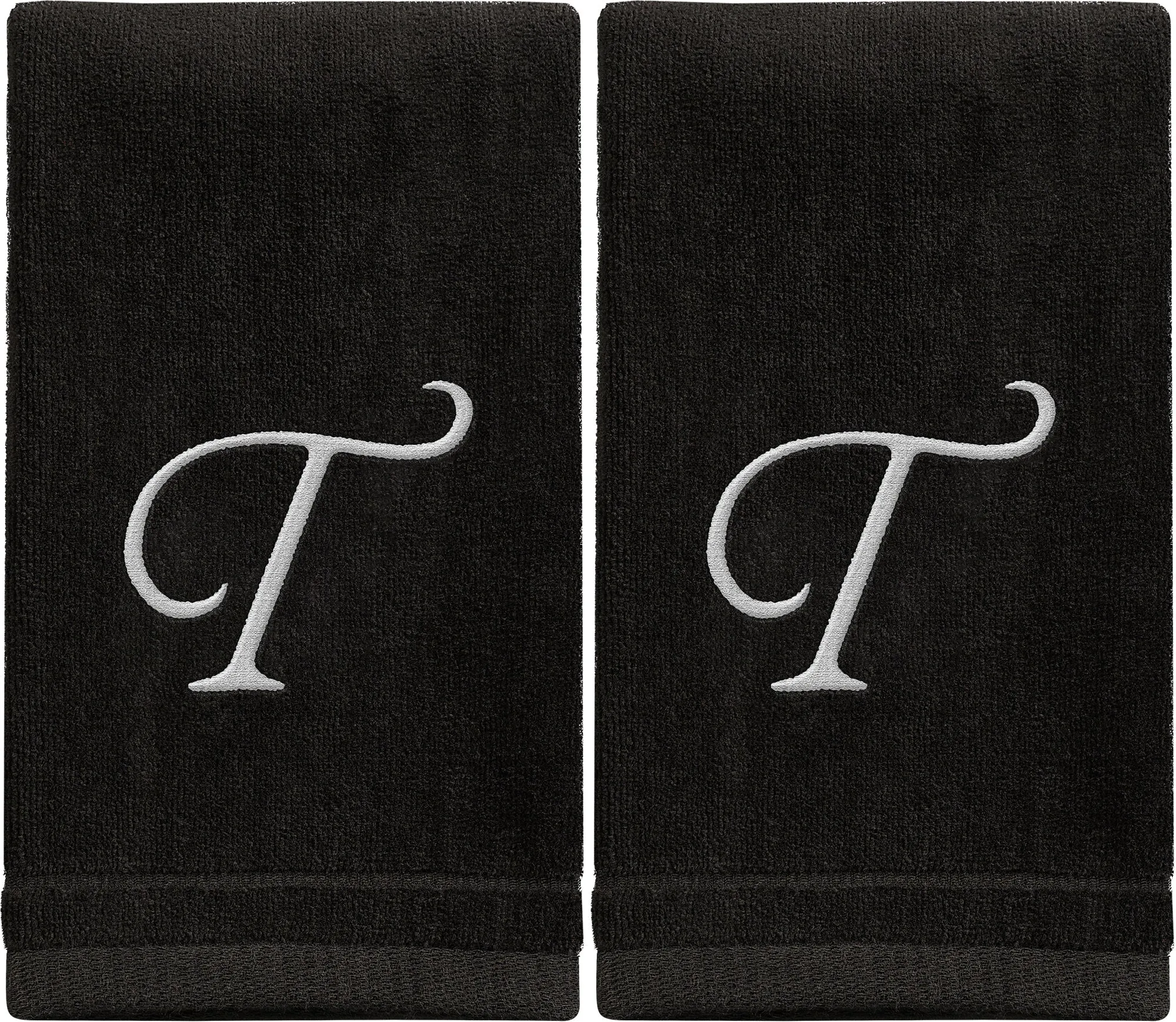 Set of 2 Black Monogrammed Towel - White Embroidered - Initial T