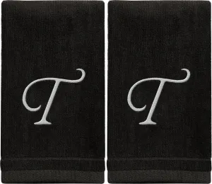 Set of 2 Black Monogrammed Towel - White Embroidered - Initial T