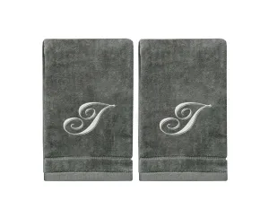Set of 2 Silver Embroidered Monogrammed Towels - Initial I