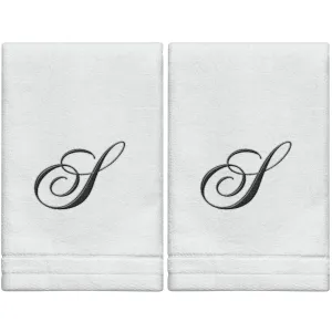 Set of 2 White Monogrammed Towel - Black Embroidered - Initial  S
