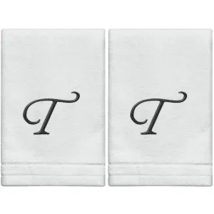 Set of 2 White Monogrammed Towel - Black Embroidered - Initial  T