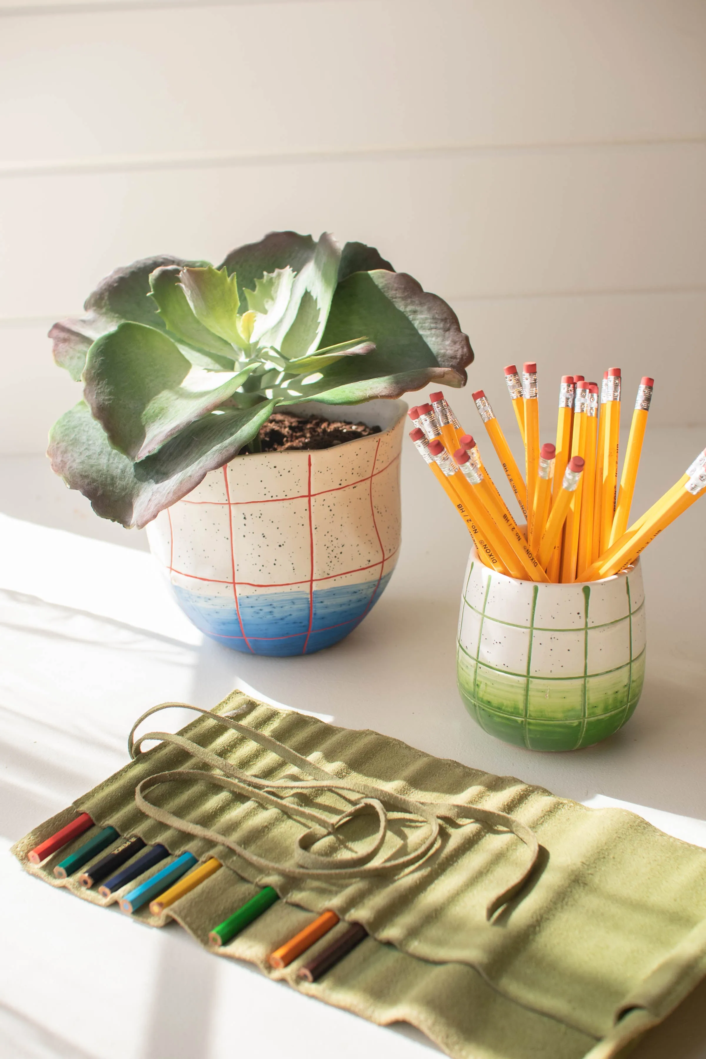 Set Of Two Green And Blue Ceramic Planters