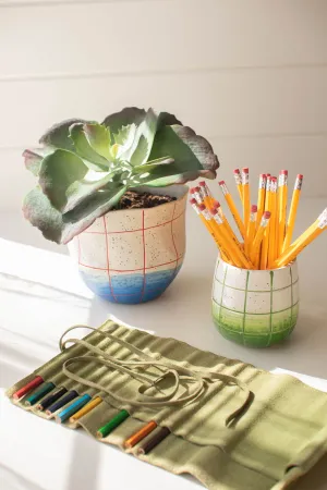 Set Of Two Green And Blue Ceramic Planters