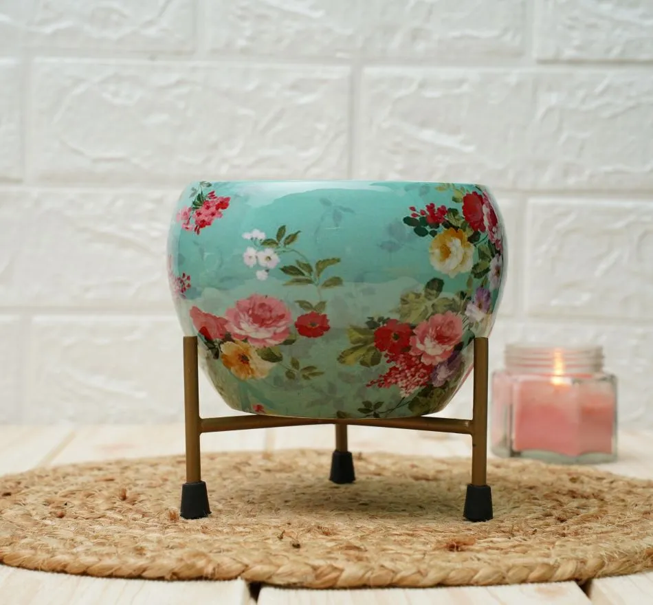Small Pot for Indoor Plants | Blue Flower Print