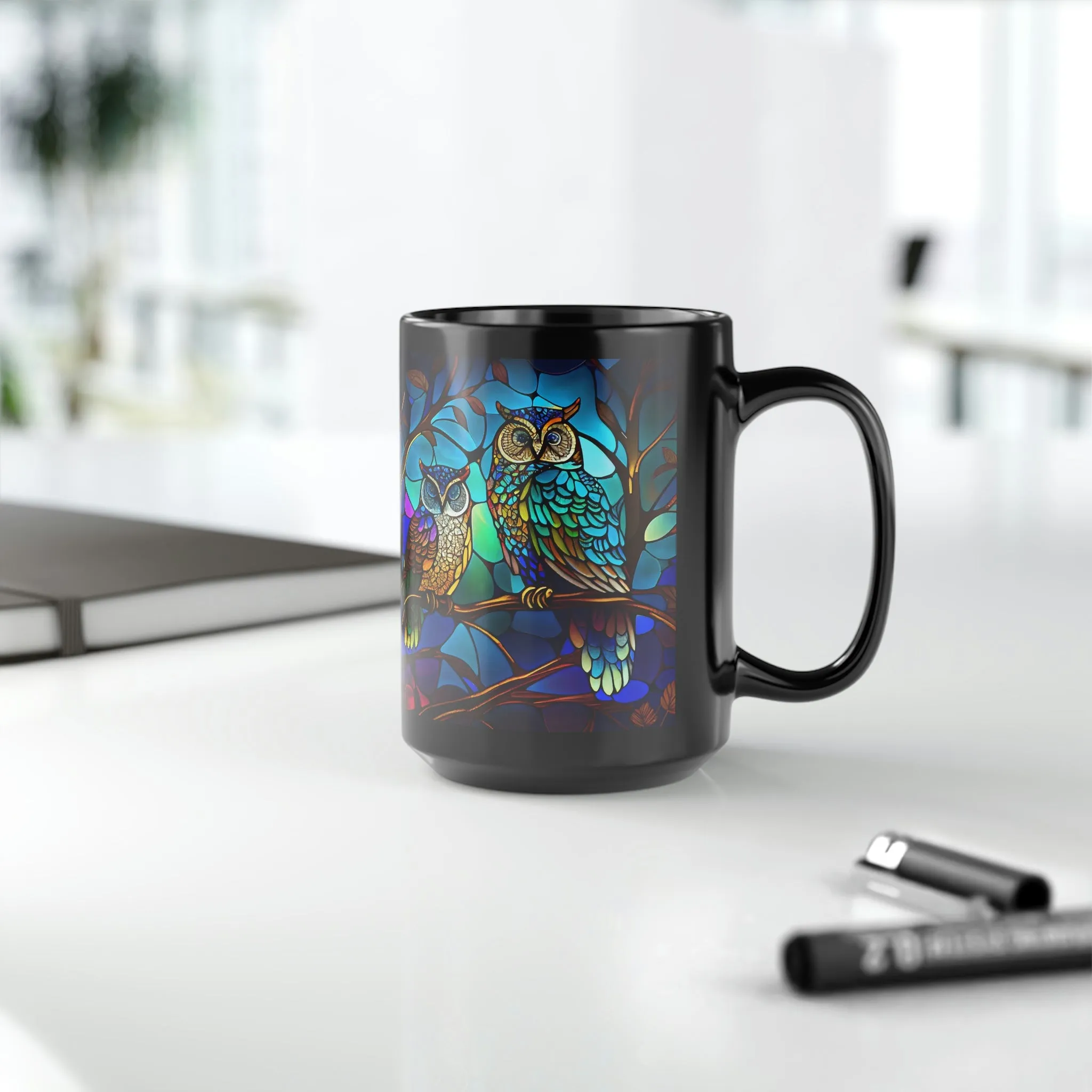 Stained Glass Owl 03 - Black Mug 15oz