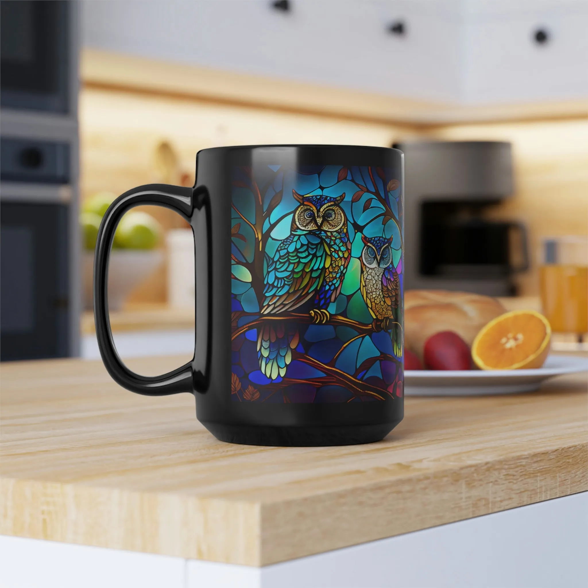 Stained Glass Owl 03 - Black Mug 15oz