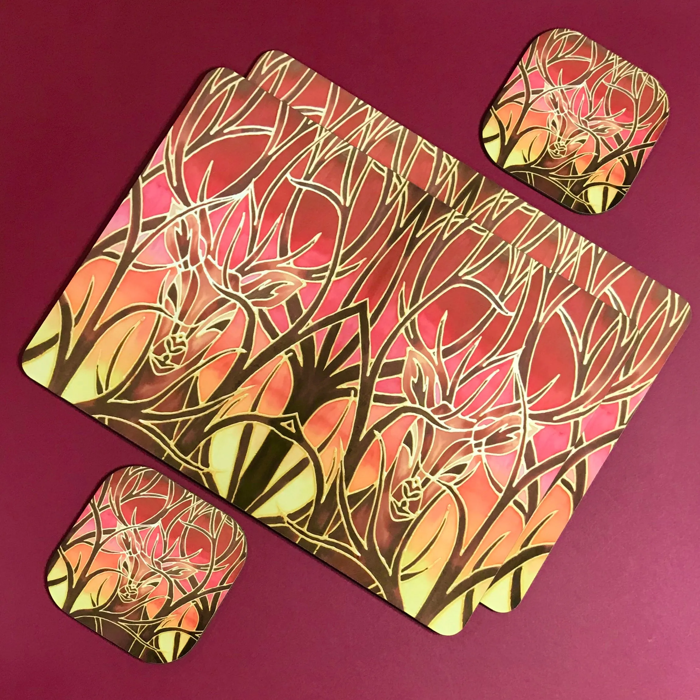 Sunset Red Glass Chopping Board - Elephant Family Trivet - Gold Pot Stand - Heat Proof Table Top Saver - Decorative Platter