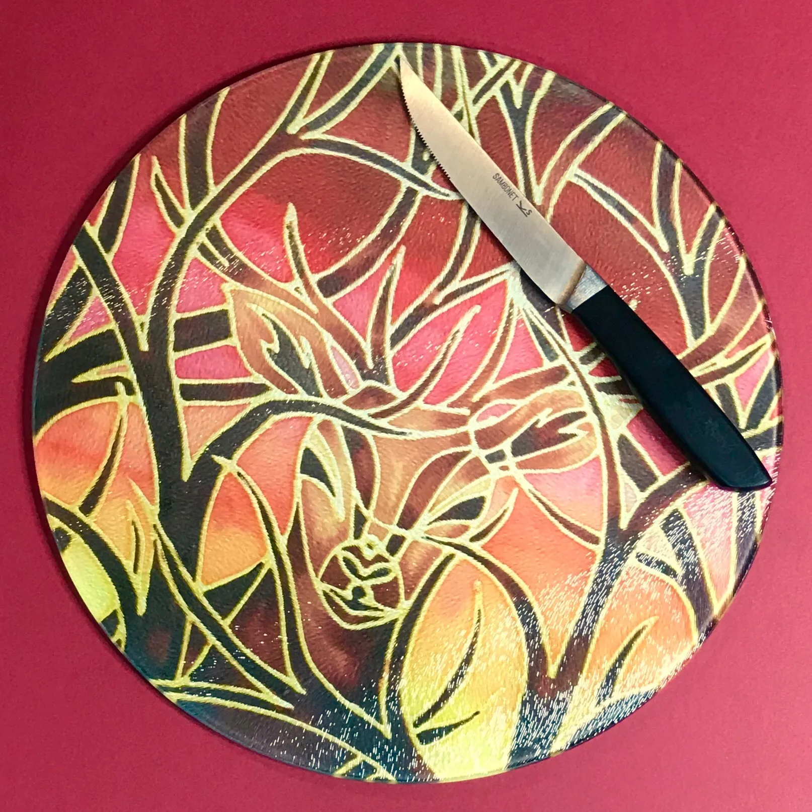 Sunset Red Glass Chopping Board - Elephant Family Trivet - Gold Pot Stand - Heat Proof Table Top Saver - Decorative Platter