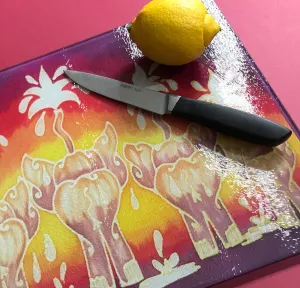 Sunset Red Glass Chopping Board - Elephant Family Trivet - Gold Pot Stand - Heat Proof Table Top Saver - Decorative Platter