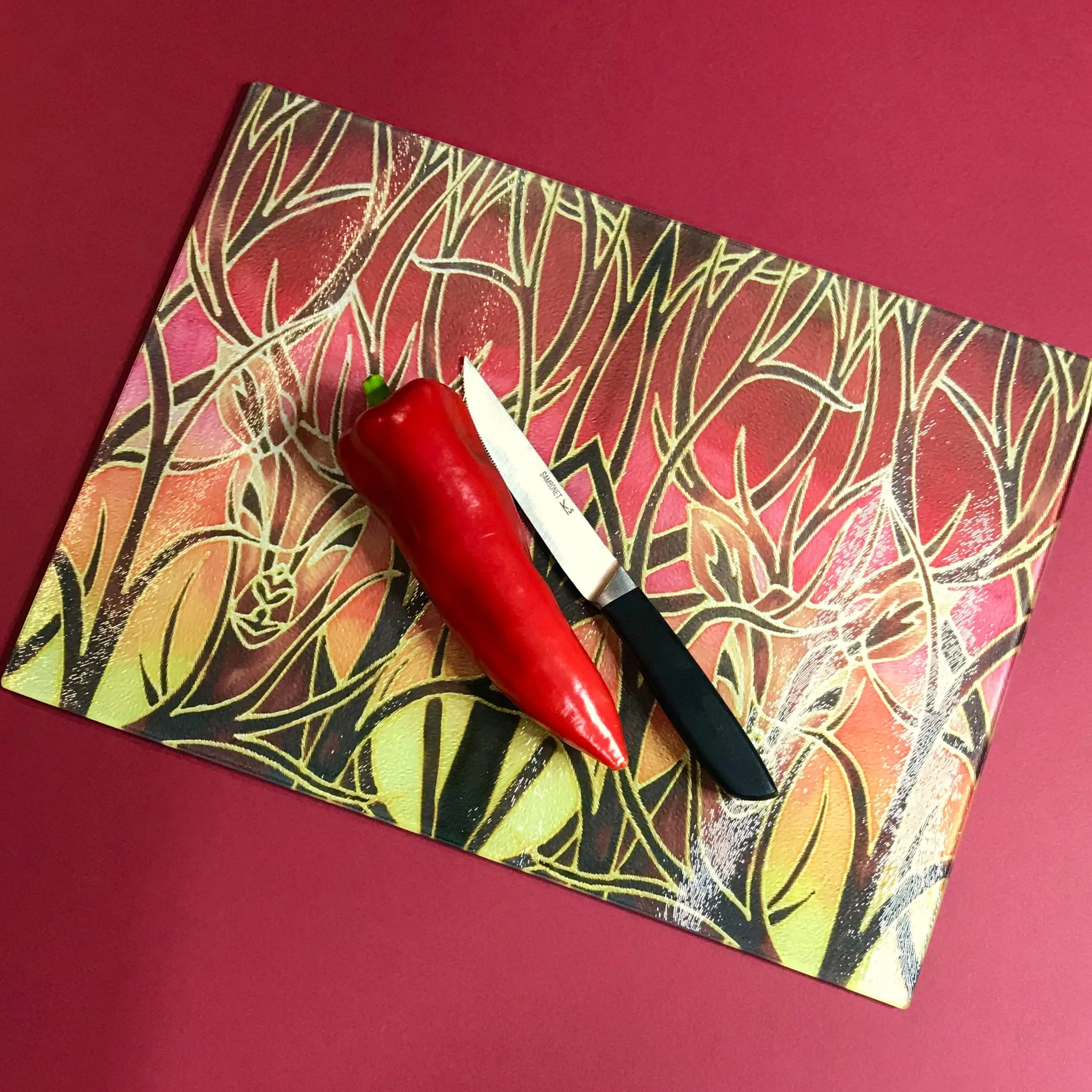 Sunset Red Glass Chopping Board - Elephant Family Trivet - Gold Pot Stand - Heat Proof Table Top Saver - Decorative Platter