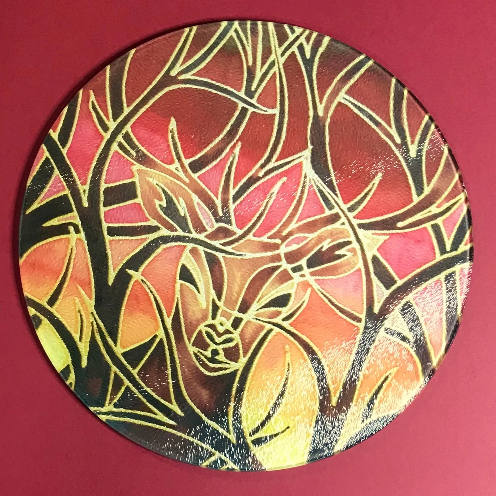 Sunset Red Glass Chopping Board - Elephant Family Trivet - Gold Pot Stand - Heat Proof Table Top Saver - Decorative Platter