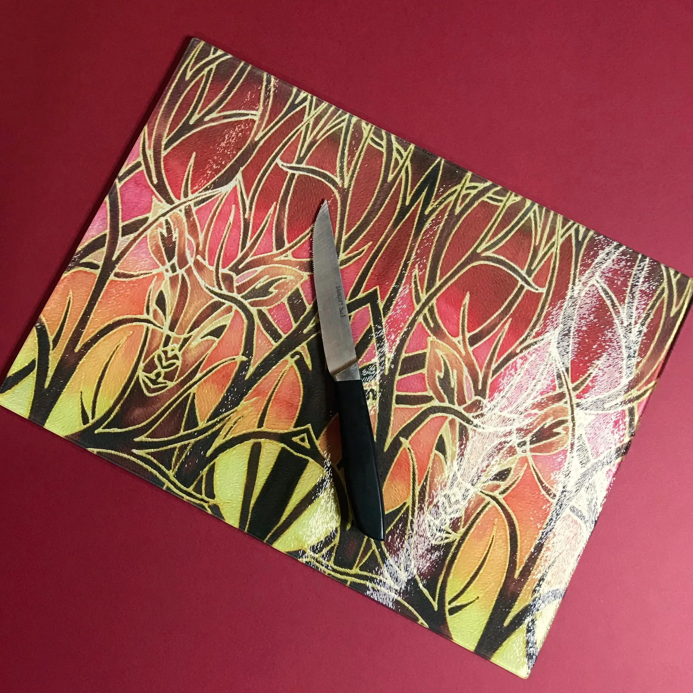 Sunset Red Glass Chopping Board - Elephant Family Trivet - Gold Pot Stand - Heat Proof Table Top Saver - Decorative Platter