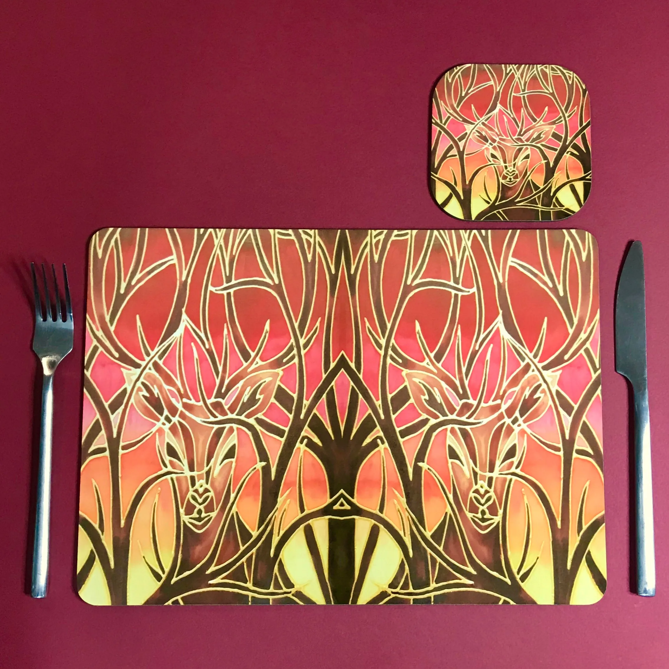 Sunset Red Glass Chopping Board - Elephant Family Trivet - Gold Pot Stand - Heat Proof Table Top Saver - Decorative Platter