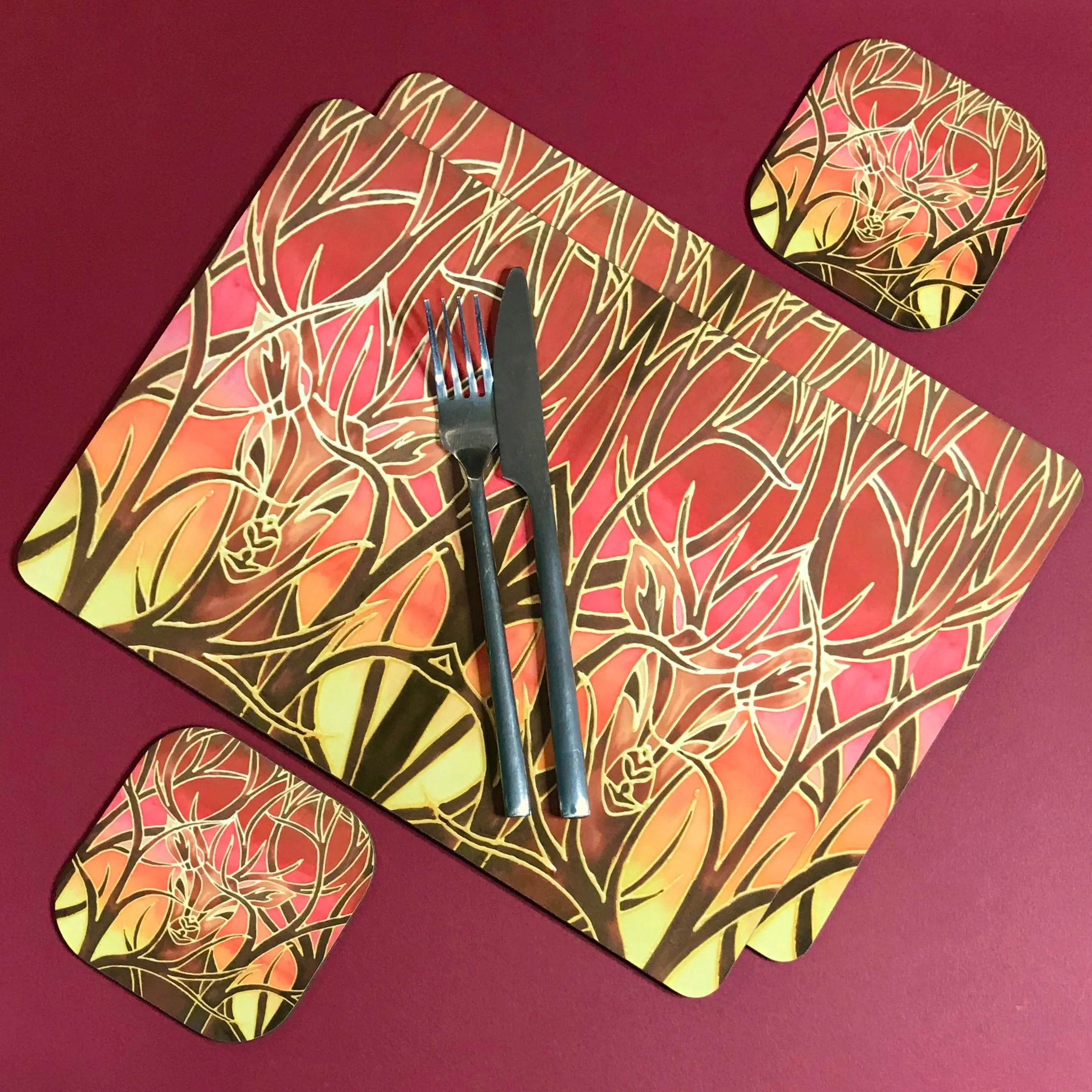 Sunset Red Glass Chopping Board - Elephant Family Trivet - Gold Pot Stand - Heat Proof Table Top Saver - Decorative Platter