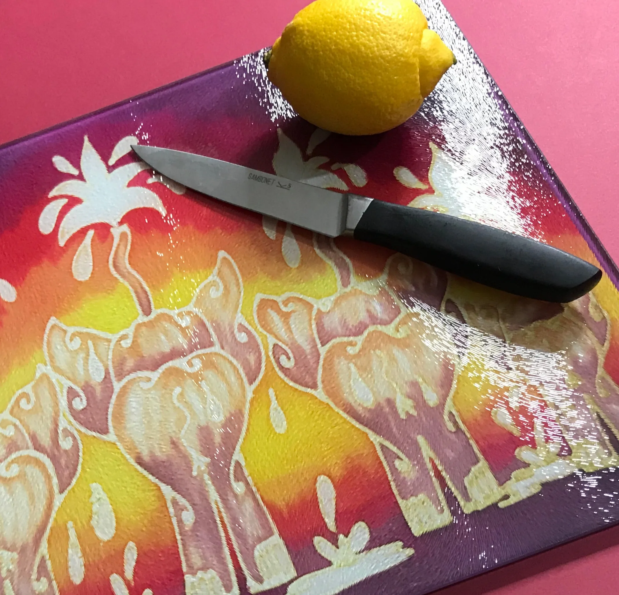Sunset Red Glass Chopping Board - Elephant Family Trivet - Gold Pot Stand - Heat Proof Table Top Saver - Decorative Platter
