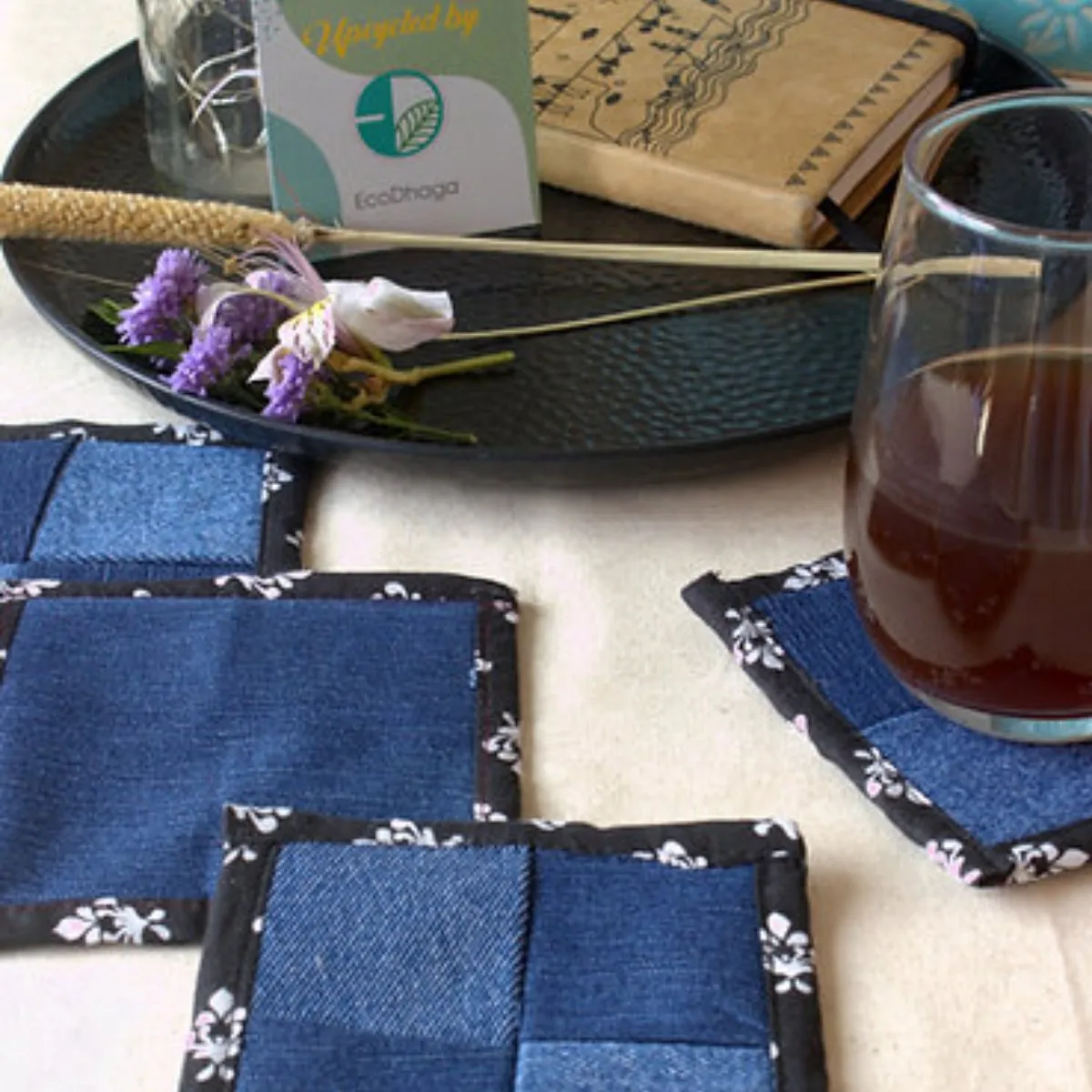 Upcycled Denim Coaster Set (x4)- Black Piping