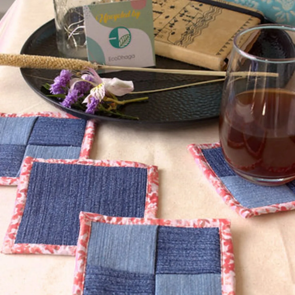 Upcycled Denim Coaster Set (x4)- White Orange Piping