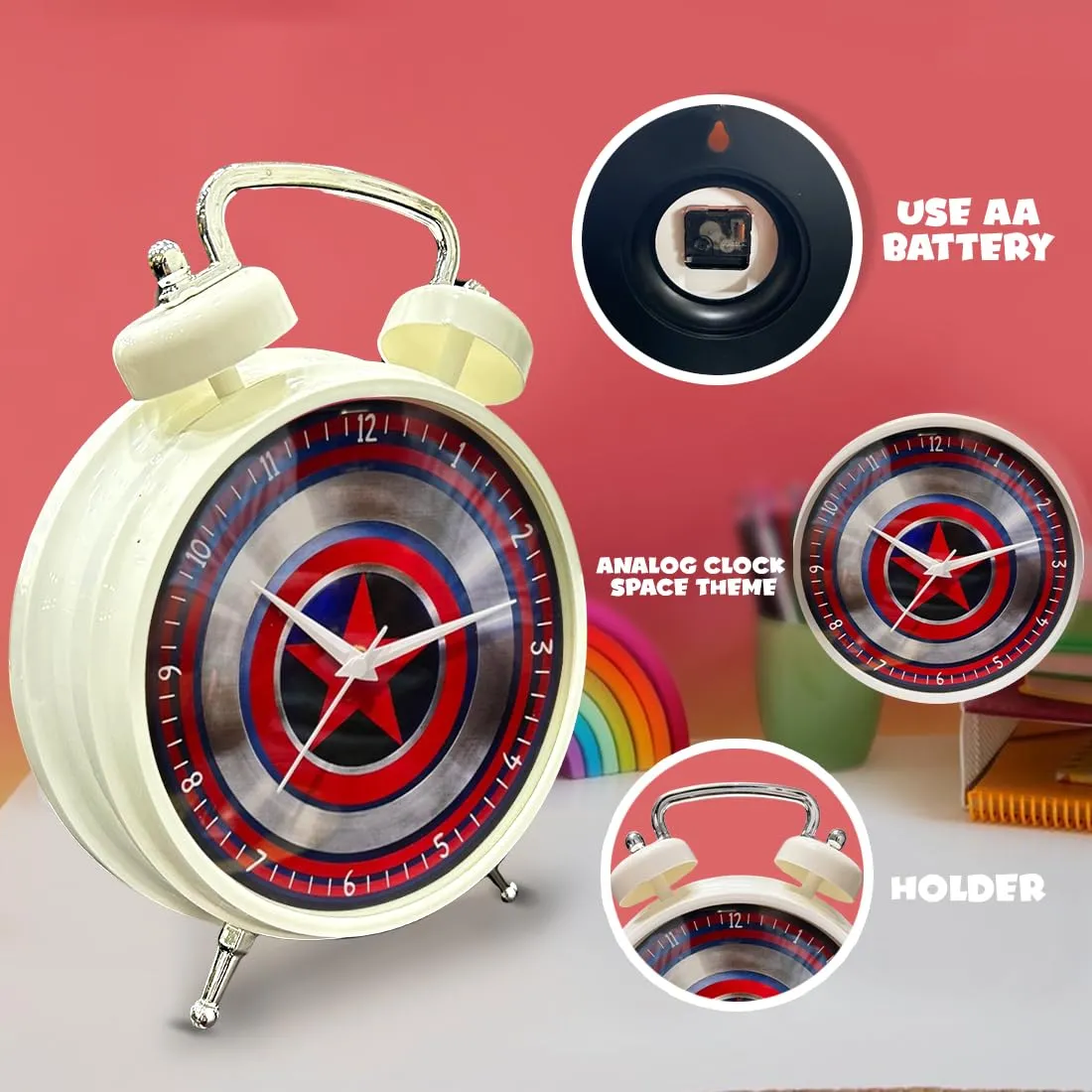 Wembley Star Theme Desk & Wall Clock Analogue Table Clock with Glass for Home/Bedroom/Living Room/Kitchen/Office - Multicolor